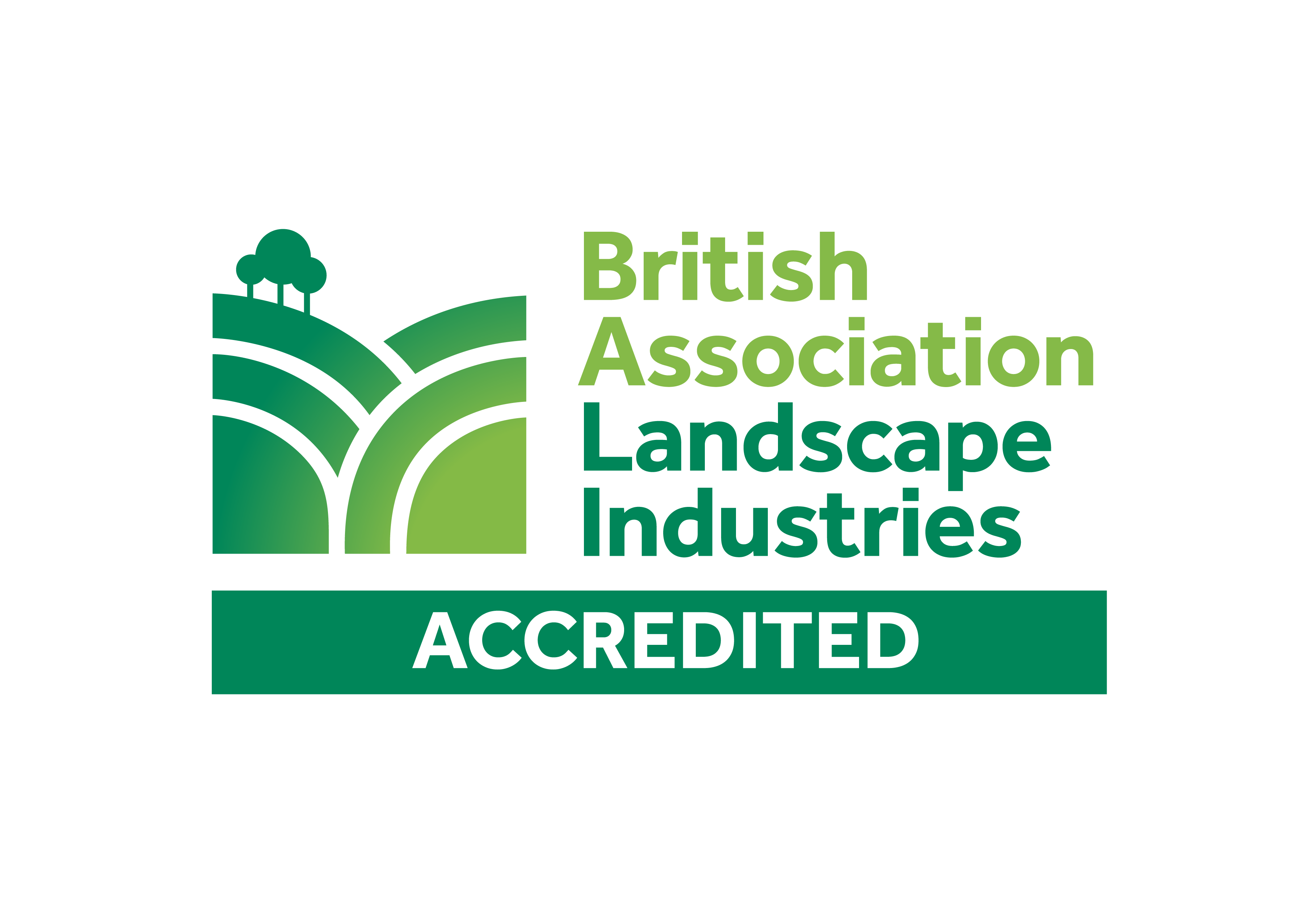 Green graphics, rolling hills with a tree and the words British Association Landscape Industries Accredited
